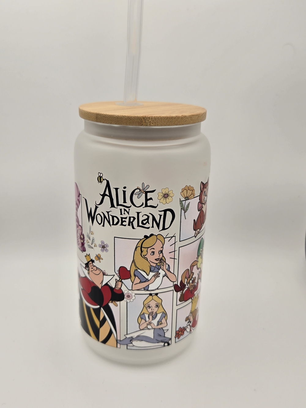 Alice in Wonderland White Drink Jar with Bamboo Lid and Straw